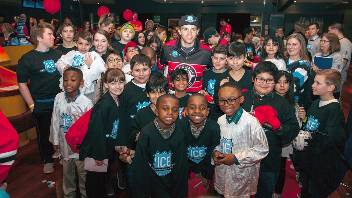 Patrick Kane with kids at ICE Bowl