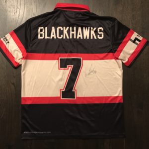 Lucas Carlsson (#46) autographed custom Brent Seabrook (#7) Blackhawks ICE Bowl event bowling jersey with certificate of authentication