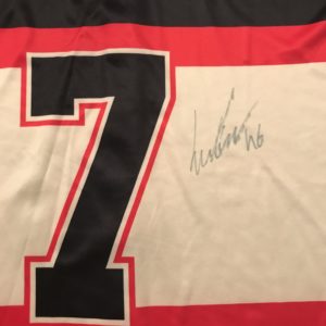 Lucas Carlsson (#46) autographed custom Brent Seabrook (#7) Blackhawks ICE Bowl event bowling jersey with certificate of authentication