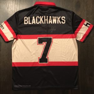 Nick Seeler (#55) autographed custom Brent Seabrook (#7) Blackhawks ICE Bowl event bowling jersey with certificate of authentication